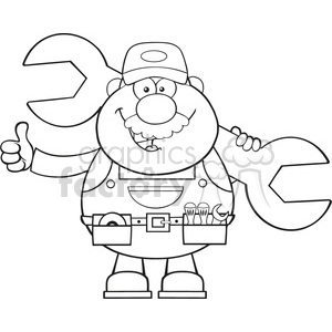 8543 Royalty Free RF Clipart Illustration Black And White Mechanic Cartoon Character Holding Huge Wrench And Giving A Thumb Up Vector Illustration Isolated On White