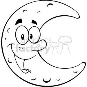   Royalty Free RF Clipart Illustration Black and White Smiling Moon Cartoon Mascot Character 