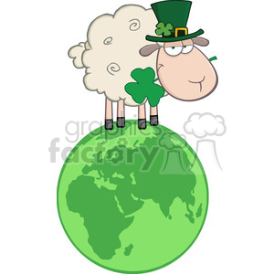 A cartoon sheep wearing a green leprechaun hat and a shamrock stands on a green Earth, symbolizing St. Patrick's Day.