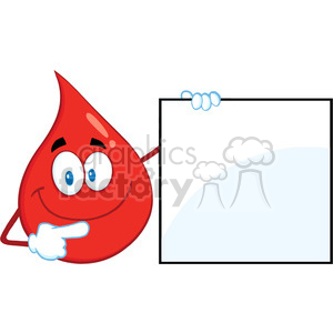 A cute and happy cartoon blood drop character pointing to a blank sign.