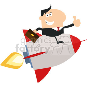 8337 Royalty Free RF Clipart Illustration Manager Flying On The Rocket And Giving Thumb Up Flat Style Vector Illustration