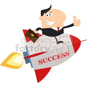 8338 Royalty Free RF Clipart Illustration Manager Flying On The Rocket And Giving Thumb Up Flat Style Vector Illustration With Text