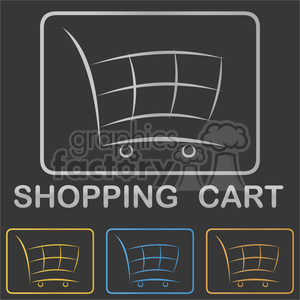 This clipart image features a stylized shopping cart design enclosed in a rectangular frame. The shopping cart is depicted with minimalist lines, and underneath, the words 'Shopping Cart' are displayed. There are three smaller variations of the shopping cart icon in different colors (yellow, blue, and orange) at the bottom of the image.