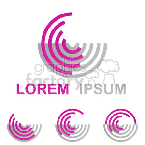 A clipart image featuring a modern, circular, two-tone design with magenta and grey concentric arcs. The text 'Lorem Ipsum' is displayed below the primary design element. Three variations of the main circular element are shown at the bottom.