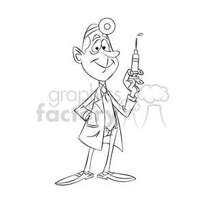 doug the cartoon doctor holding a hypodermic needle black white
