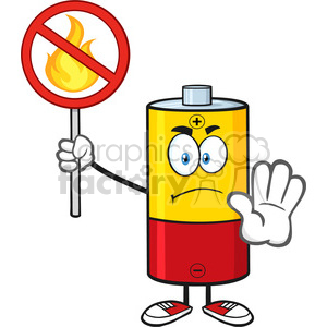 The clipart image depicts an anthropomorphized battery character with a worried or concerned expression. The battery is yellow with a red bottom and positive (+) and negative (-) symbols indicating its terminals. It has a pair of eyes, eyebrows, arms, and legs with shoes, giving it a human-like appearance. The battery is holding a sign with a prohibition symbol (red circle with a diagonal line) over a flame, indicating no fire or a warning against exposing batteries to open flames for safety reasons. 