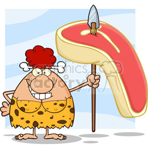 Cartoon cavewoman character holding a giant steak on a spear. The character is wearing a leopard print dress and has a bone in her red hair.