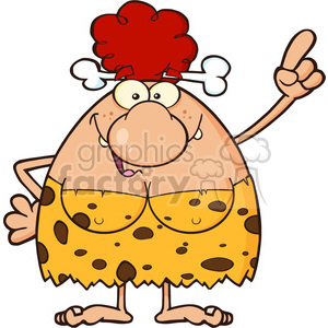 A humorous cartoon illustration of a cavewoman with a funny expression, wearing a spotted animal-skin outfit and a bone in her red hair, raising one finger as if having an idea.