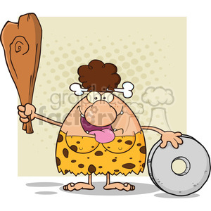 10056 happy brunette cave woman cartoon mascot character holding a club and showing whell vector illustration