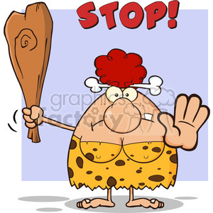 A cartoon cavewoman with a red hair, bone accessory, and a leopard print dress, holding a club and making a stop gesture with the word 'STOP!' above her.