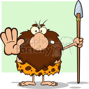 angry male caveman cartoon mascot character gesturing and standing with a spear vector illustration