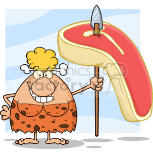 A cartoon-style cavewoman holding a giant steak on a spear, with a humorous depiction of a Stone Age setting.