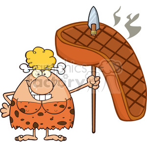 A cartoon depiction of a cavewoman holding a large steak on a spear. The character is wearing traditional stone age attire and has a comical, cheerful expression.