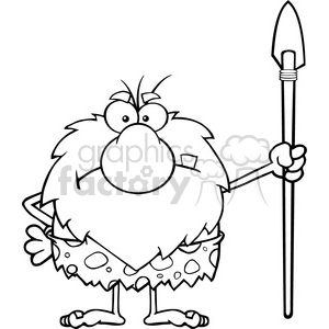 A humorous black and white cartoon illustration of a caveman holding a spear, with messy hair and a primitive outfit.