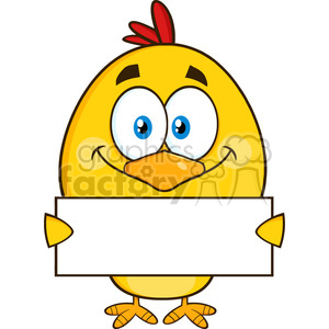 royalty free rf clipart illustration yellow chick cartoon character holding a blank sign vector illustration isolated on white