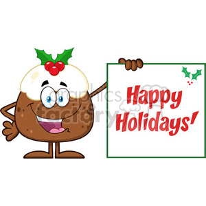 A cheerful cartoon Christmas pudding character holding a 'Happy Holidays' sign, with holly and berries on top.