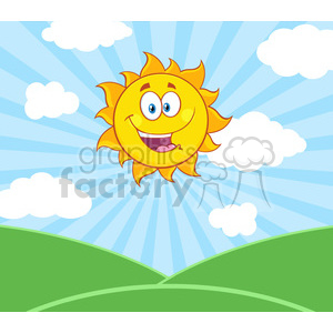 royalty free rf clipart illustration sunshine happy sun mascot cartoon character over landscape vector illustration with suburst background