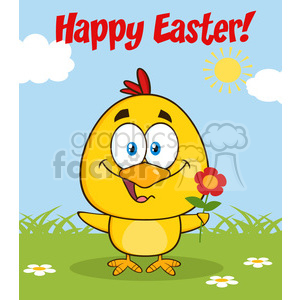 royalty free rf clipart illustration cute yellow chick cartoon character holding a flower and happy easter greeting vector illustration