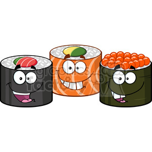 illustration three sushi roll cartoon mascot characters vector illustration isolated on white