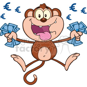 A happy cartoon monkey holding blue Euro currency notes in both hands, with Euro symbols floating around.