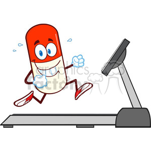 royalty free rf clipart illustration smiling pill capsule cartoon character running on a treadmill vector illustration isolated on white