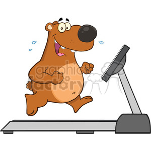 A cartoon brown bear sweating and running on a treadmill.