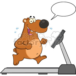 A cartoon bear running on a treadmill with a speech bubble.