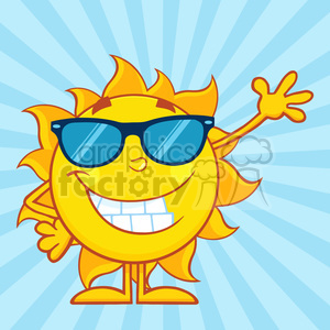   smiling sun cartoon mascot character with sunglasses waving for greeting vector illustration in blue background 