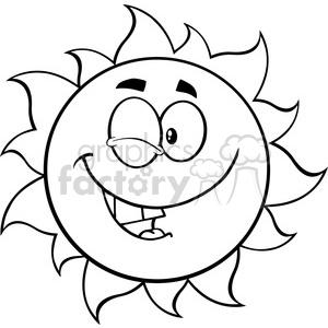 black and white winking sun cartoon mascot character vector illustration isolated on white background