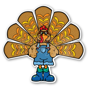 A whimsical clipart image of a turkey in overalls and boots, with colorful feathers, commonly associated with Thanksgiving holidays.