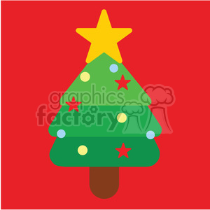 A flat design Christmas tree with a yellow star on top against a red background.