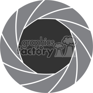 A vector clipart image depicting a camera shutter icon in shades of grey.