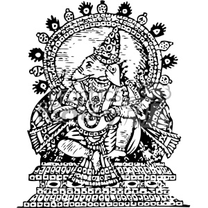 Intricate black-and-white clipart of a stylized Ganesha, the elephant-headed Hindu deity, seated with ornate decorative elements.