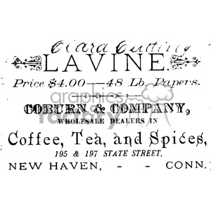 Vintage advertisement for Lavine sold by Coburn & Company, wholesale dealers in coffee, tea, and spices, located at 195 & 197 State Street, New Haven, Connecticut. The price is $4.00 for 48-pound papers.