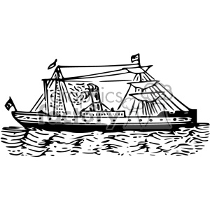A black and white clipart image of a steamship or vintage sailing ship on water. The ship has distinct sails, a smokestack, and flags.