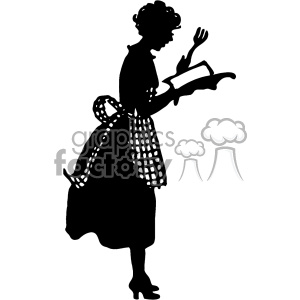 Silhouette of a woman reading a cookbook, possibly cooking or baking, with an apron tied around her waist.