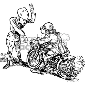 A black and white vintage clipart illustration depicting an officer or police officer pointing and appearing to reprimand a motorcyclist on an old-fashioned motorcycle.