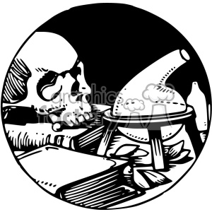 A black and white clipart image depicting a skull placed on a surface with books, a beaker, and some papers. The scene appears to be related to alchemy or old-fashioned science.