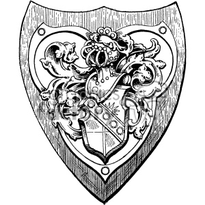 Illustration of an ornate shield featuring a coat of arms with intricate details and decorative elements.