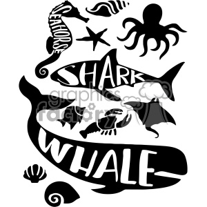 This clipart image features various black silhouettes of sea creatures including a seahorse, shark, whale, octopus, starfish, crab, ray, two fish, shell, and snail with the words 'SHARK' and 'WHALE' written within the shapes of the corresponding animals.