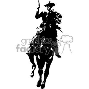 Silhouette of a cowboy riding a horse and holding a pistol.