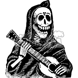A black and white clipart image of a skeleton in a hooded cloak playing a guitar.
