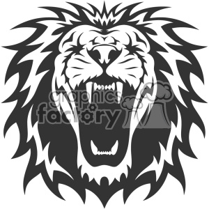 This is a black and white clipart image of a lion's head in a fierce, roaring pose. The image is stylized with sharp edges and contrasting shading, making it suitable for use as a logo or mascot.