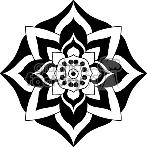 This clipart image features a black and white mandala design with symmetrical and intricate floral patterns. The design consists of multiple layers, with petal-like shapes radiating from the center. The central part of the mandala features a circular and square pattern embellished with dots.
