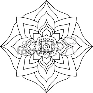 A black and white mandala clipart image featuring an intricate circular pattern with geometric shapes and floral elements.
