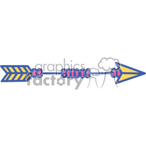 A colorful clipart image of an arrow with yellow and blue feathers, a blue shaft with pink accents, and a pointed yellow tip outlined in blue.