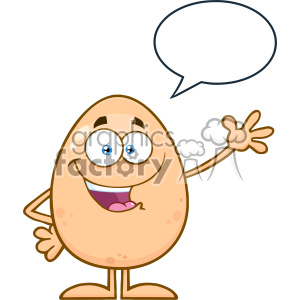 10923 Royalty Free RF Clipart Happy Egg Cartoon Mascot Character Waving For Greeting With Speech Bubble Vector Illustration