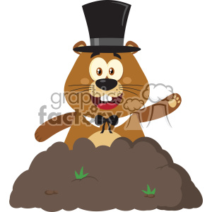 10646 Royalty Free RF Clipart Happy Marmmot Cartoon Mascot Character With Cylinder Hat Waving In Groundhog Day Vector Flat Design