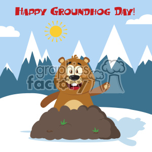 A cute and funny cartoon groundhog popping out of the ground with mountains in the background, celebrating Groundhog Day.