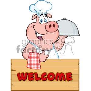 10718 Royalty Free RF Clipart Chef Pig Cartoon Mascot Character With A Cloche Platter Over A Wooden Sign Giving A Thumb Up Vector With Text Welcome